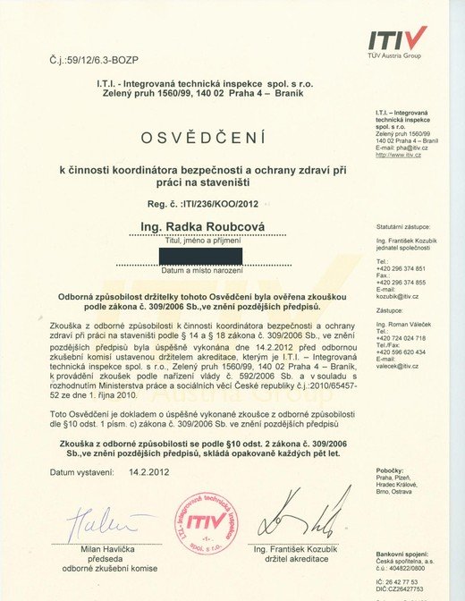 Osvědčení k činnosti koordinátora bezpečnosti a ochrany zdraví při práci na stavaništi